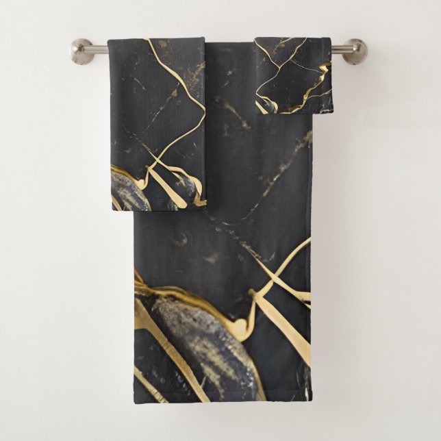 Black Marble with Gold Veins and Strips Bath Towel (Insitu)