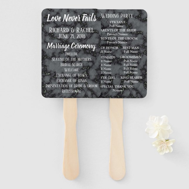 Black Marble with White text Wedding Program Hand Fan (Front and Back)