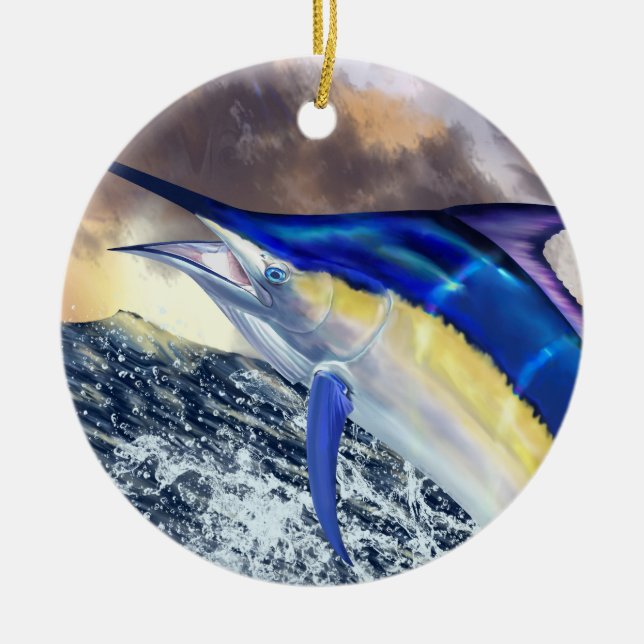Black Marlin Christmas Ceramic Ornament (Front)