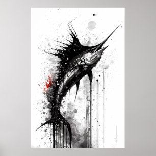 Black Marlin Ink Painting Poster