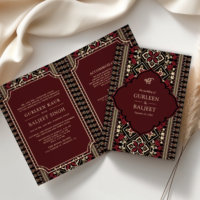 Black Maroon Red Ikat All in One Sikh Wedding Invitation (Creator Uploaded)