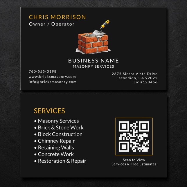 Black Masonry Services QR Code Business Card (Creator Uploaded)