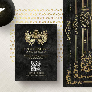 Black Masquerade Mask Quinceanera QR RSVP Enclosure Card