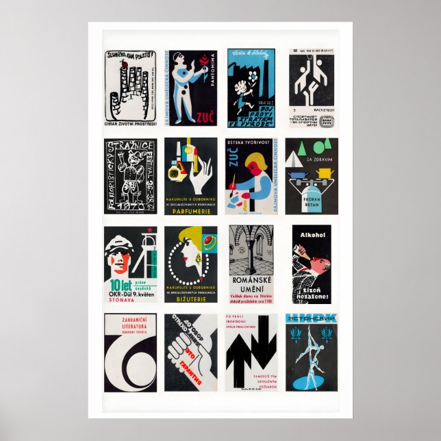 Black Matchbox Labels Grid, Vintage Ephemera Poster (Front)