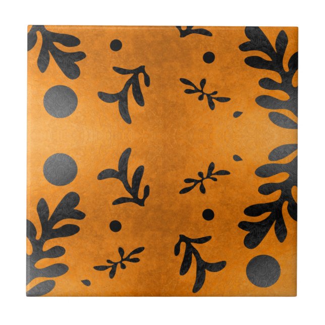 Black Matisse inspired leaves on gold Ceramic Tile (Front)