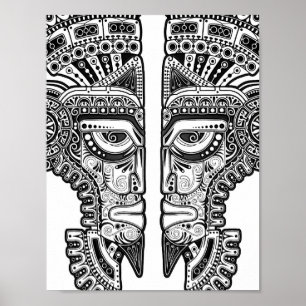 Black Mayan Twins Mask on White Poster