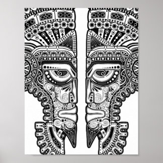 Black Mayan Twins Mask on White Poster