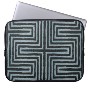 Black Maze African Print Blue Leather Look Laptop Sleeve