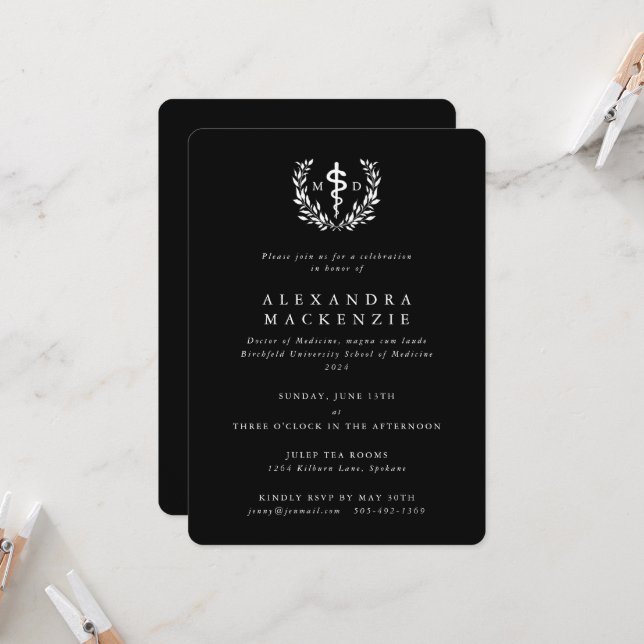 Black MD Asclepius + Laurel Wreath Graduation Invitation (Front/Back In Situ)