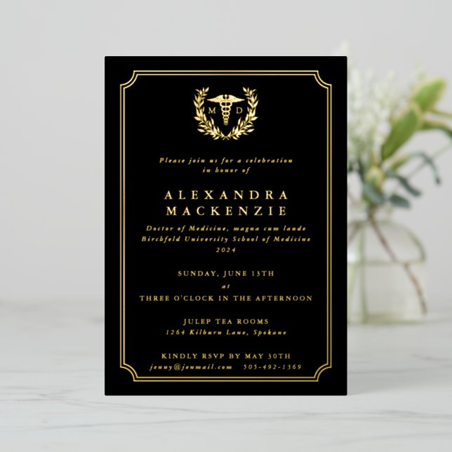 Black MD Caduceus+Laurel Wreath Graduation (Standing Front)