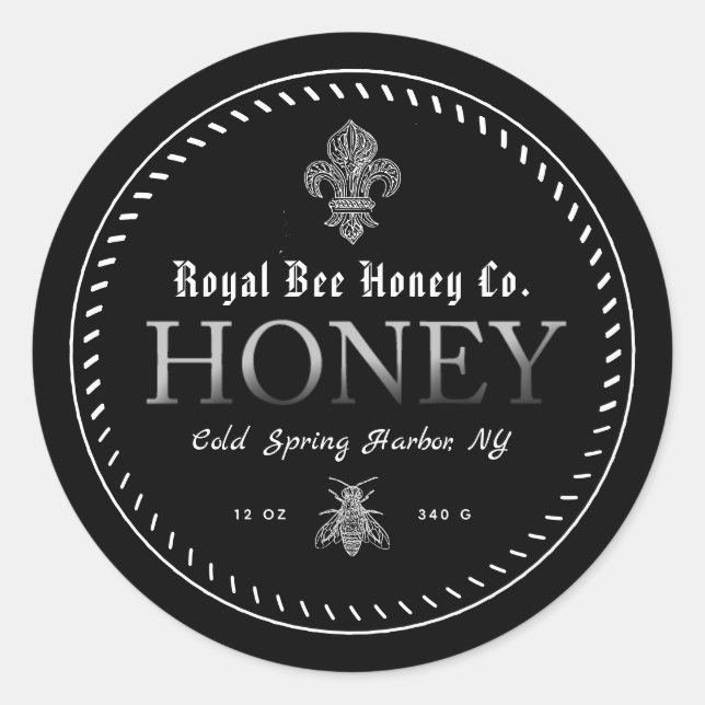 Black Mediaeval Fleur Des Lis Honey Label with Bee (Front)