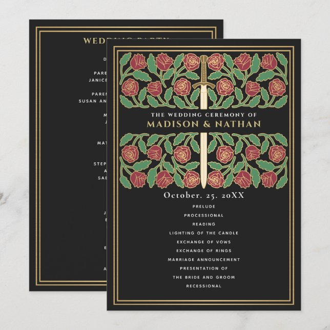 Black Mediaeval Gold Floral Sword Royal Wedding Program (Front/Back)