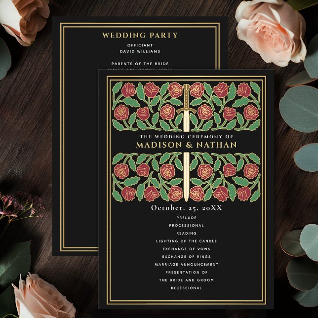 Black Mediaeval Gold Floral Sword Royal Wedding Program (Creator Uploaded)