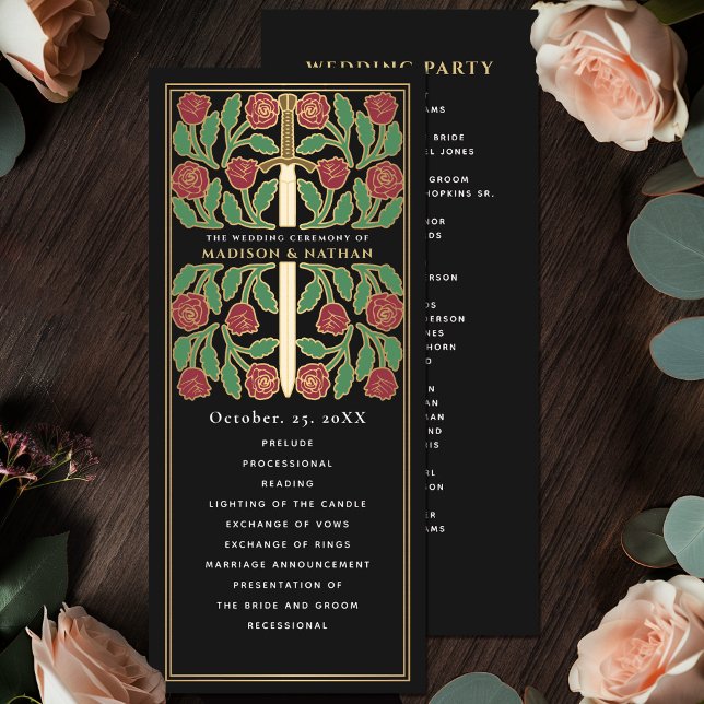 Black Mediaeval Gold Floral Sword Royal Wedding Program (Creator Uploaded)