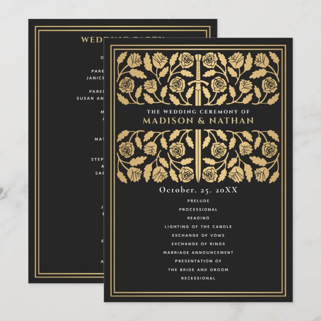 Black Mediaeval Gold Sword Royal Wedding Program (Front/Back)
