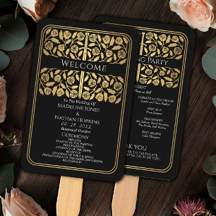 Black Mediaeval Gold Sword Royal Wedding Program Hand Fan