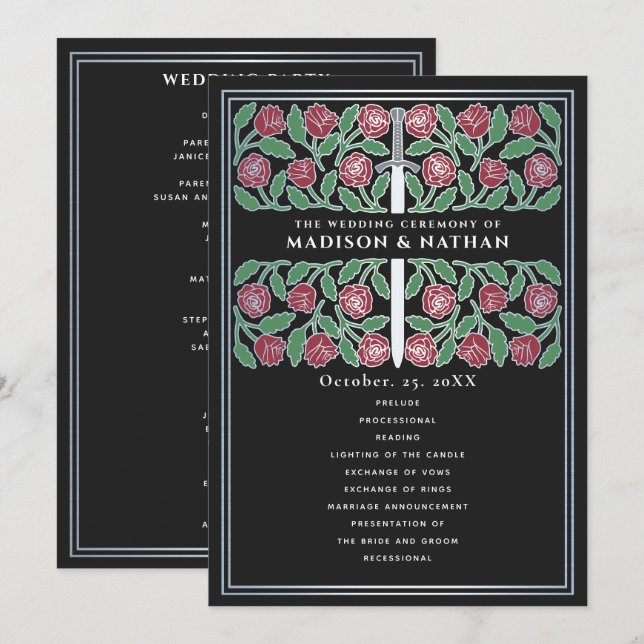 Black Mediaeval Silver Floral Sword Royal Wedding Program (Front/Back)