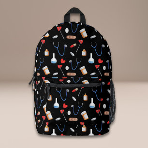 Black Medical Equipment Pattern Doctor Nurse Printed Backpack