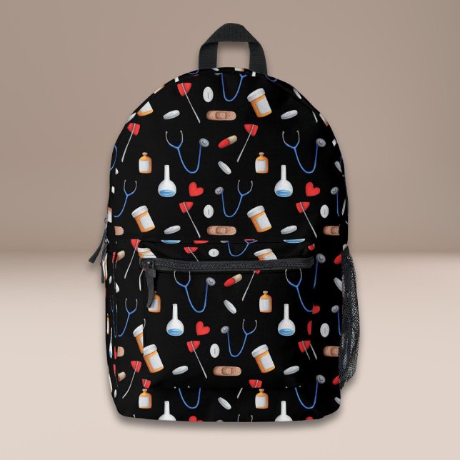 Black Medical Equipment Pattern Doctor Nurse Printed Backpack (Creator Uploaded)