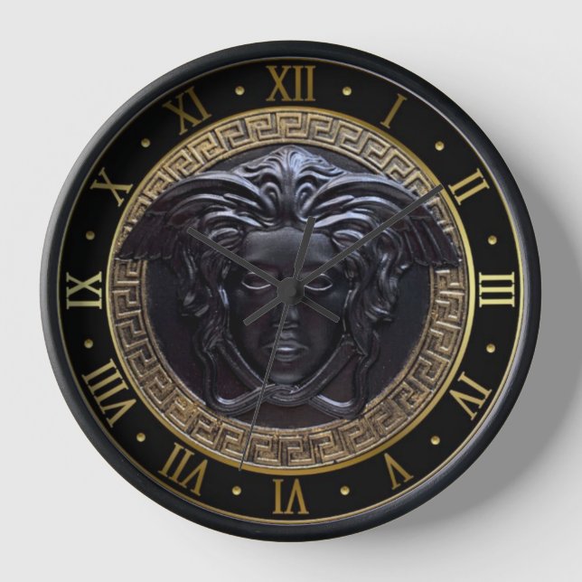 Black Medusa Gorgon Greek Key Roman Numeral Clock (Front)