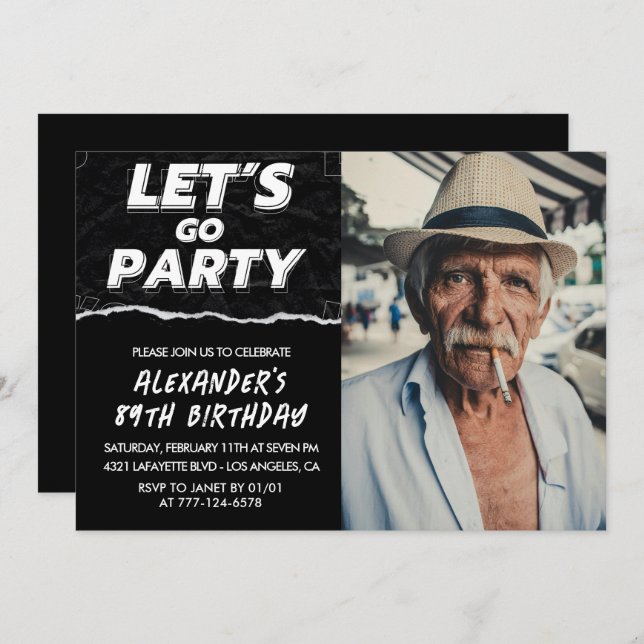 Black Men Photo LET'S GO PARTY 89th birthday  Invitation (Front/Back)