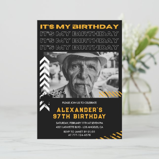 Black Men Photo Spray paint 97th birthday Invitation (Standing Front)