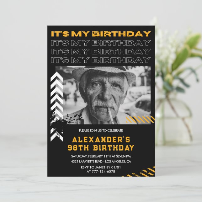 Black Men Photo Spray paint 98th birthday Invitation (Standing Front)