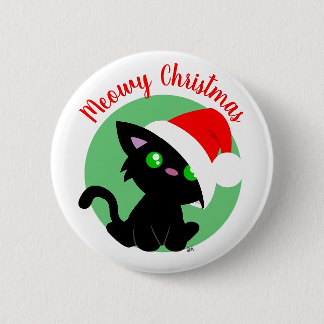 Black Meowy Christmas Kitty Button (Front)