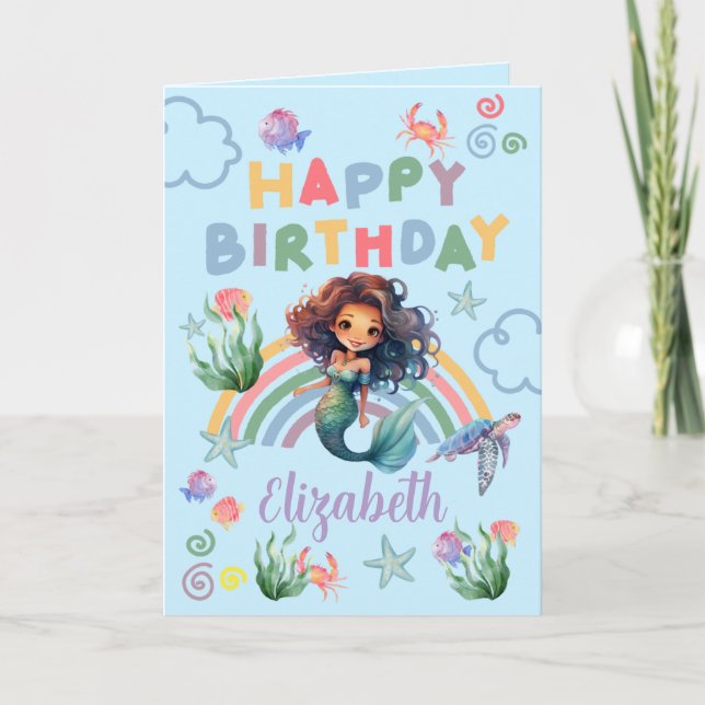 Black Mermaid Birthday Card in Blue (Front)