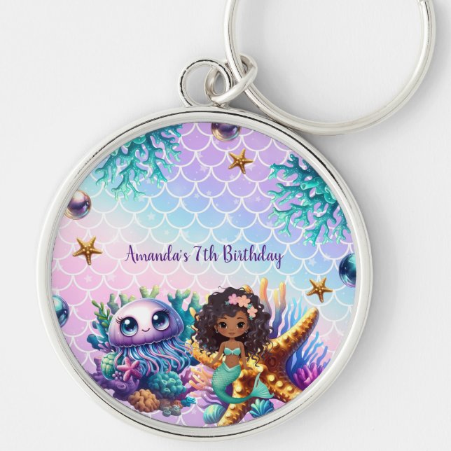 Black Mermaid Birthday  Key Ring (Front)