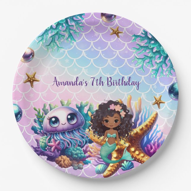 Black Mermaid Birthday Paper Plates (Front)