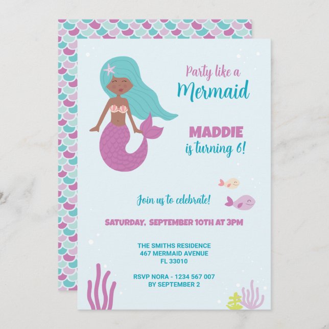 Black Mermaid Birthday Party Invitation (Front/Back)