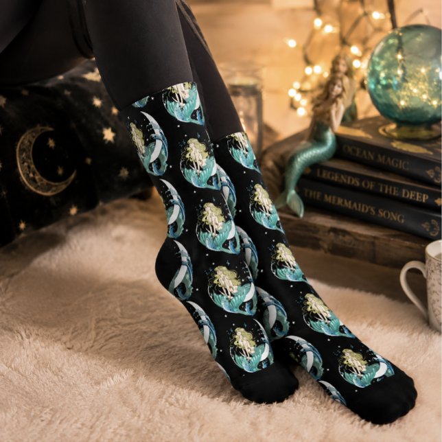 Black Mermaid Crescent Moon Fantasy Art Deco Socks (Creator Uploaded)