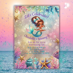 Black Mermaid Cute Birthday Girl Invitation