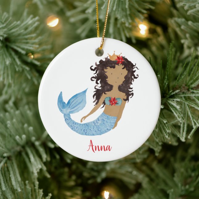 Black Mermaid Cute Little Girl Personalised Name Ceramic Ornament (Tree)