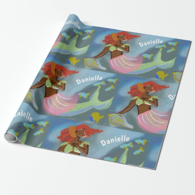 Black Mermaid Personalised Name Pattern Wrapping Paper (Unrolled)