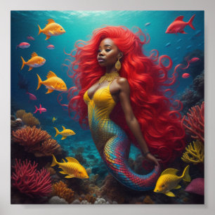 black mermaid red hair poster