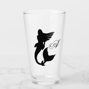 Black Mermaid Silhouette & Monogram Script Glass