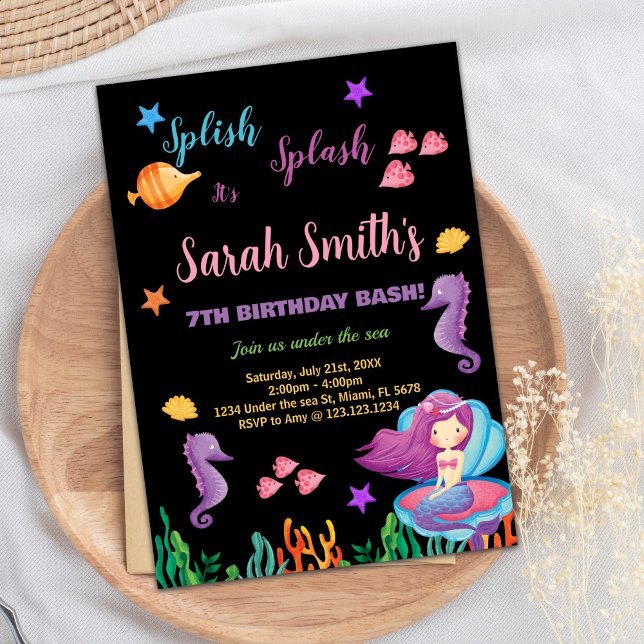 Black Mermaid Sit on Purple Shell Invitations (Black Mermaid Sit on Purple Shell Invitations)