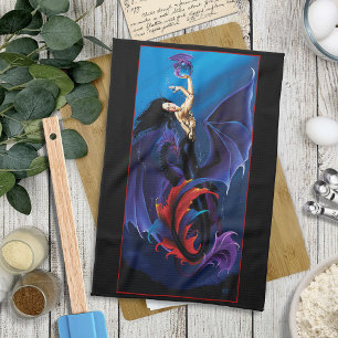 Black Mermaid Water Dragons Purple Tea Towel