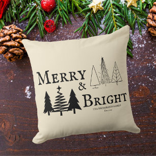 Black Merry and Bright Christmas Trees Family Est Cushion