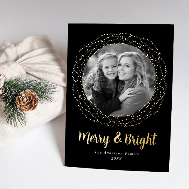 Black Merry and Bright Photo Foil Holiday Card (Creator Uploaded)