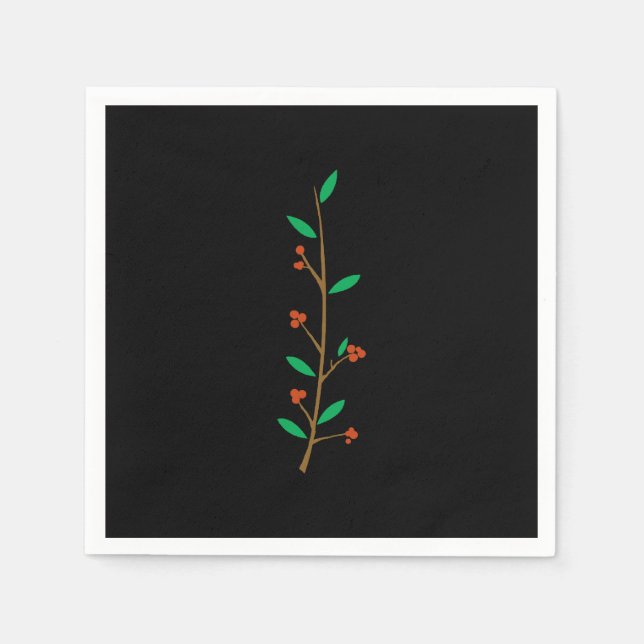 Black Merry Botanical Berry Branch Holiday Party Napkin (Front)