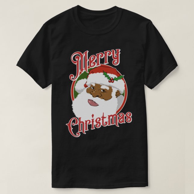 Black Merry Christmas African American Santa Claus T-Shirt (Design Front)