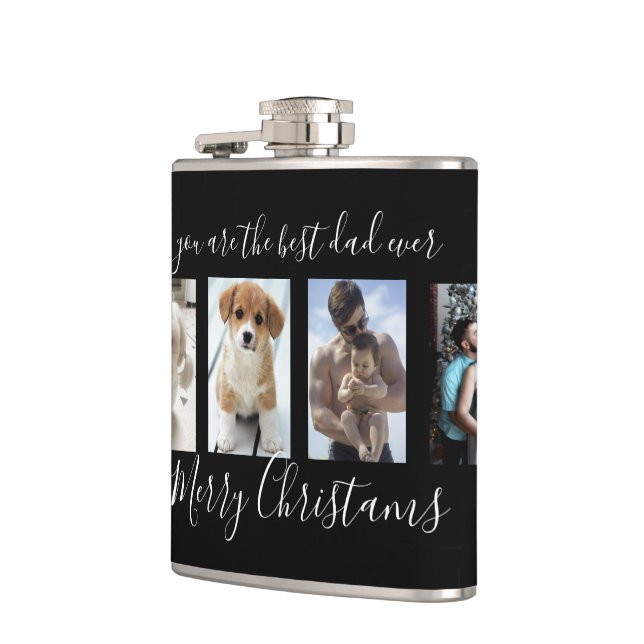 Black Merry Christmas Best Dad Ever Photo Collage  Hip Flask (Left)