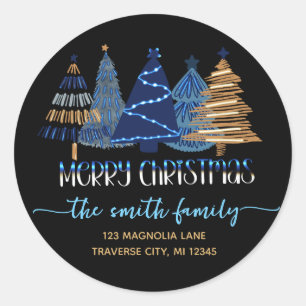 Black Merry Christmas blue Return address Classic Round Sticker