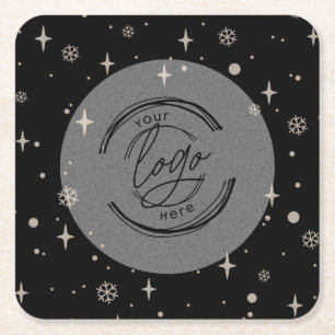 Black Merry Christmas Business Logo Snowflake Square Paper Coaster