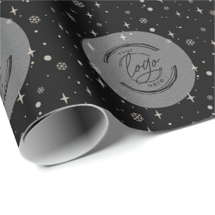 Black Merry Christmas Business Logo Snowflake Wrapping Paper