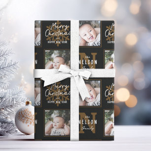 Black Merry Christmas Calligraphy Family 2 photo Wrapping Paper