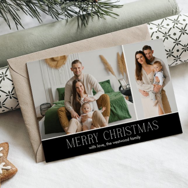 BLACK MERRY Christmas Elegant 2 Photo message Holiday Card (Creator Uploaded)